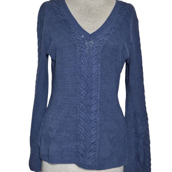 Blue V Neck Bell Sleeve Sweater Size Medium - Picture 1 of 4